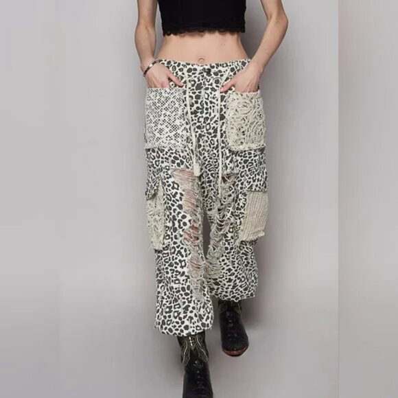POL Leopard Print Joggers Pants Small Vintage Lace Crochet Patchwork Distressed - Picture 1 of 5